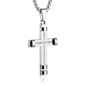 Silver Philippians 4:13 Cross Pendant STRENGTH Bible Verse Steel Necklace